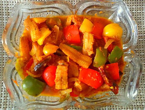 Vegetable Jalfrezi with Baby Corn, Green, Yellow, and Red Bell Peppers 