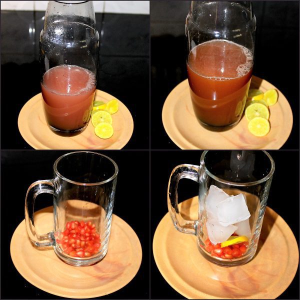 Take a shaker. Pour the lemonade (lemon juice, sugar, and water) then the pomegranate juice and shake nicely. You can add honey or jaggery or plain sugar in place of Demerara sugar. In a glass add the pomegranate seeds, mint, ice, and muddle; top with the tea and garnish with mint leaves and a lime wedge.