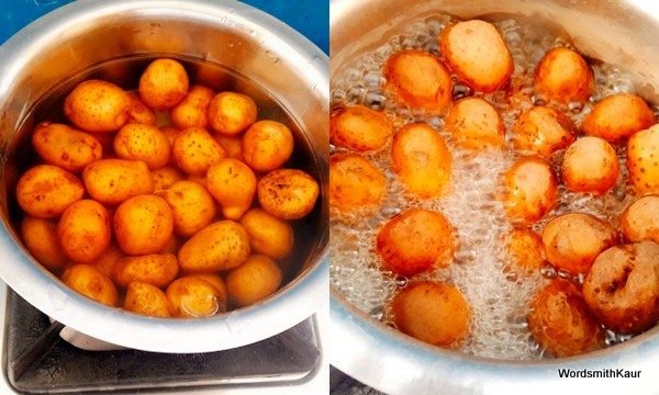 Wash the potatoes well and boil in an open pan. Peel and set aside