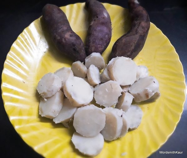 Boil and peel the sweet potato. Once it's boiled cut it into bite sized chunks.