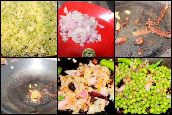 Once it is a little brown add the finely chopped onions and the green chillies. Sauté till the onions are a golden brown, and then add the peas and sauté a little.