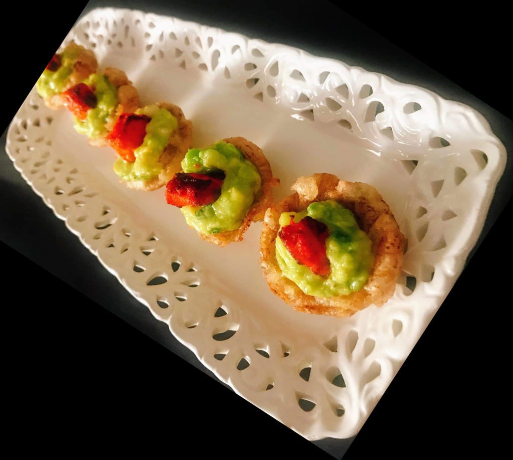 Plantain Baskets Topped with Guacamole & Chicken Tikka