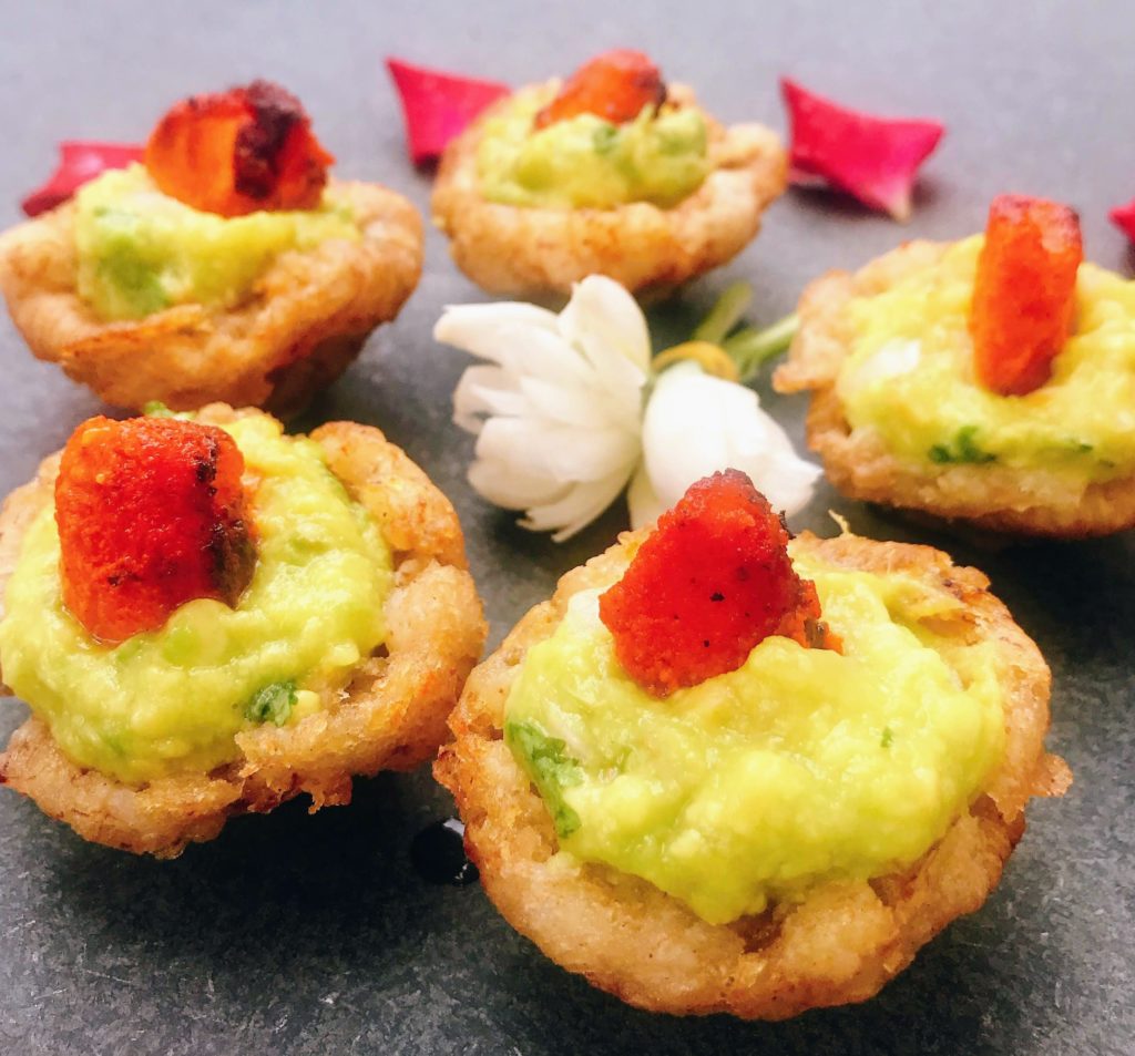 Plantain Baskets Topped with Guacamole & Chicken Tikka