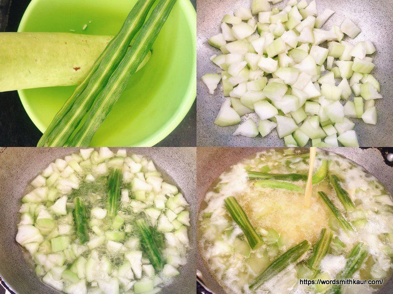 Boiling the bottle gourd and drumsticks