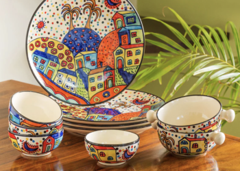 Hut Dining Handpainted Ceramic Dinner Plates With Katoris & Serving Bowls