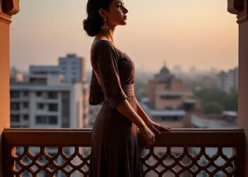 Confident South Asian woman in her 60s standing on a balcony at sunset, symbolising reinventing yourself after 50
