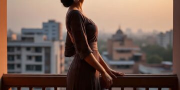 Confident South Asian woman in her 60s standing on a balcony at sunset, symbolising reinventing yourself after 50