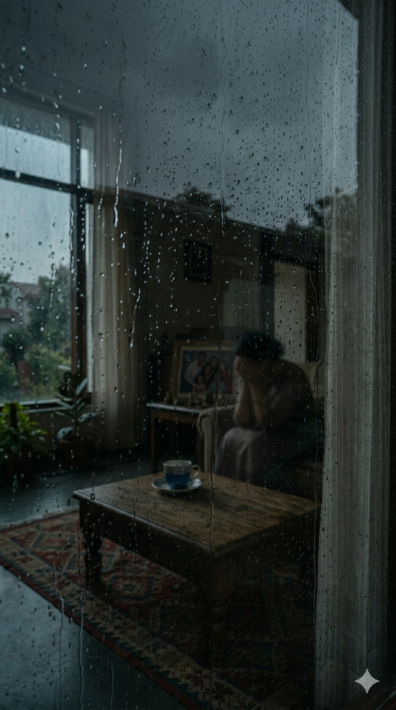 A quiet living room with an untouched cup of tea and family photos, symbolising the emptiness of an empty nest