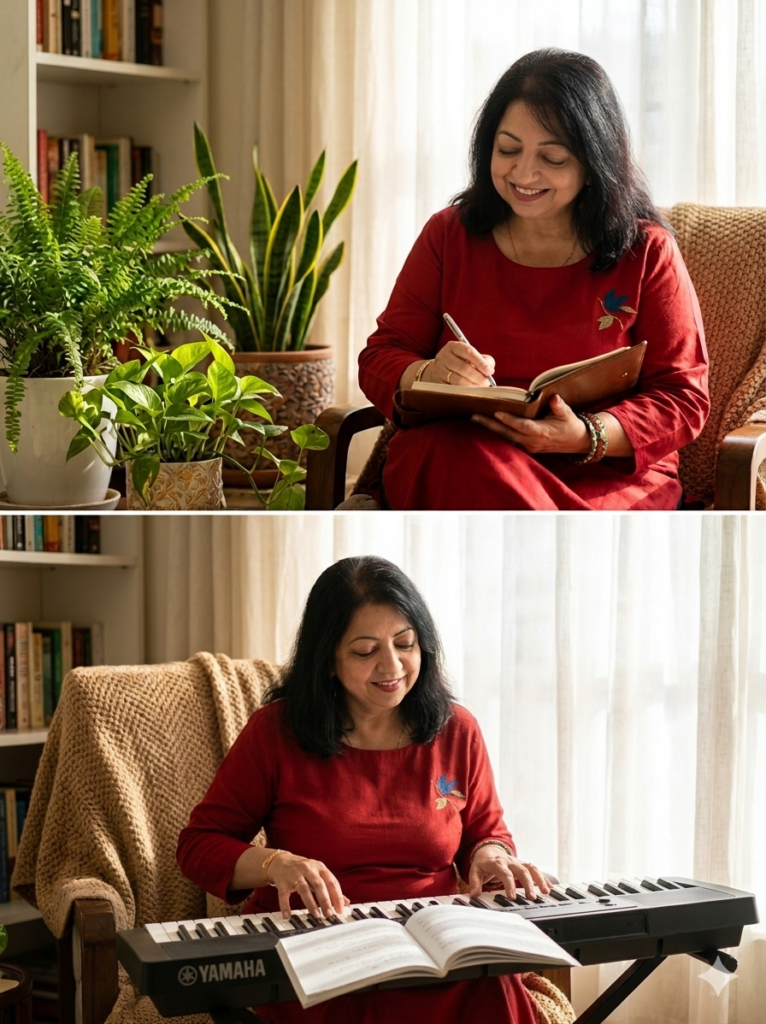 writing or learning music in a peaceful corner, representing self-discovery and healing