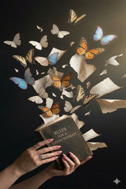 Woman's hands releasing an old rulebook with pages flying away like butterflies