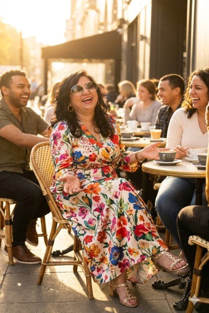 Indian woman over sixty laughing freely outdoors dressed in vibrant colours
