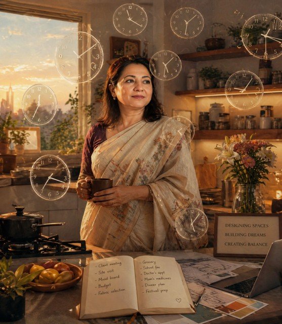 A lone Indian woman in a dimly lit kitchen at 4:30 am, rolling rotis by lamplight while the rest of the house is dark and asleep. Cinematic, warm golden tones. Ultra realistic.