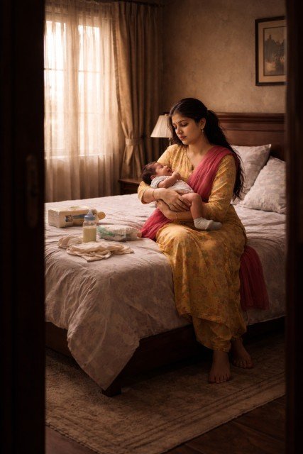 Young Indian mother sitting alone with newborn gazing out of a window

