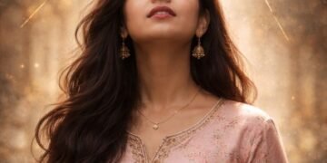 Young Indian girl looking up at a cracking glass ceiling with light pouring through