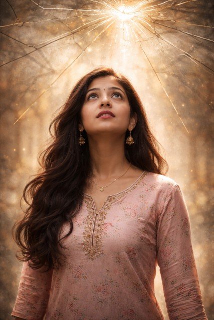 Young Indian girl looking up at a cracking glass ceiling with light pouring through