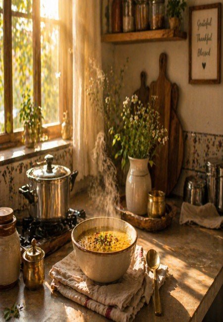 Sunlit Indian kitchen with a bowl of dal and warm morning light, symbolising simple living and grounding routines