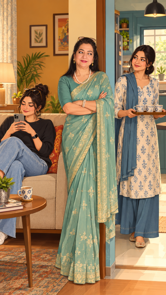Beti chilling while bahu is doing cha sews
